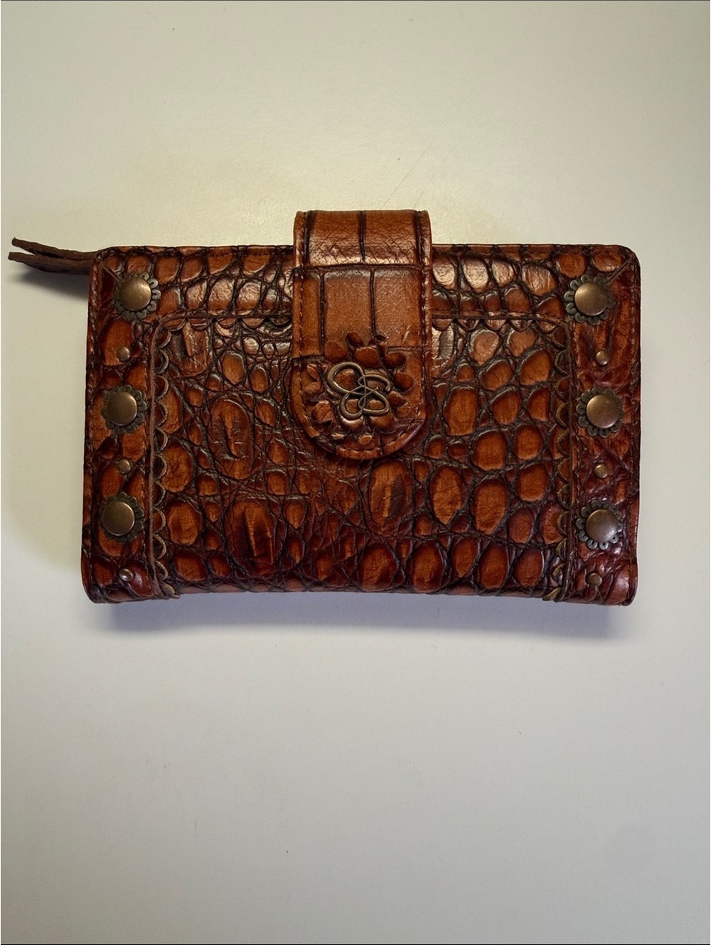 Jessica Simpson Cognac Croc Embossed Studded Flap Wallet Boho Western